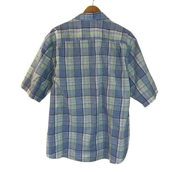 George Short Sleeve Button Up Collared Shirt 2XL Mint Green Light Blue Plaid Top - Picture 2 of 6